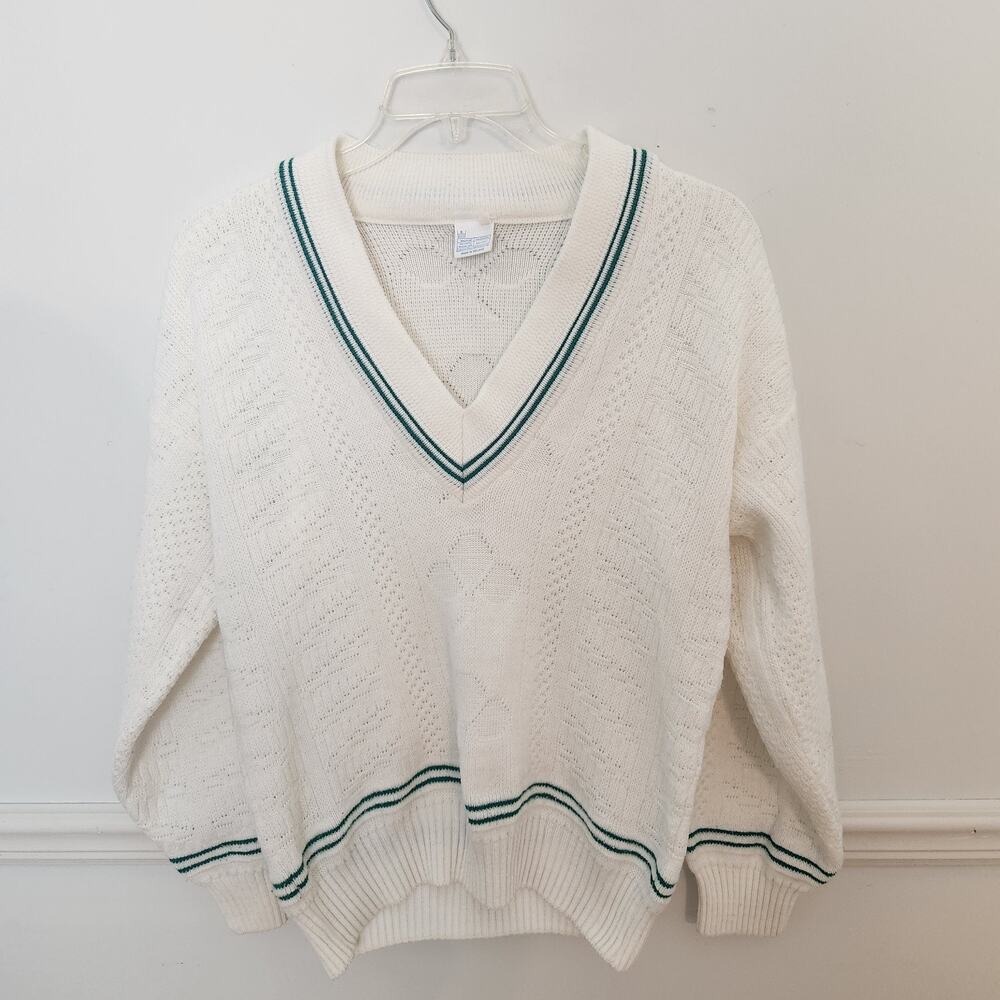 VTG Irish Sweater Sz Large Mens White Vneck Preppy Golf Tennis Ireland Old Money